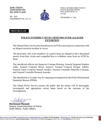 Seven Police Officers Interdicted Over Alleged ATM Money Extortion in Accra