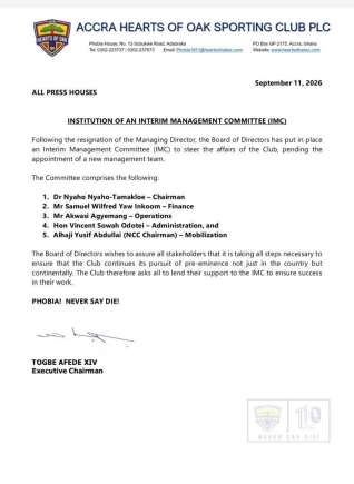 Hearts of Oak Appoint Interim Management Committee After MD Julius Ben Emunah Resigns
